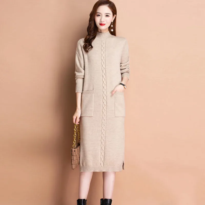

Autumn Women Sweater Turtleneck Long Dress Winter Slim Clothes Loose Vestido Knitted Pocket Dresses Pullover Sweaters Striped