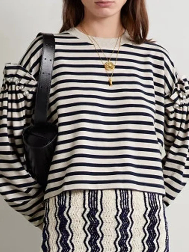 

Women Hand Sewn Pearl Sweatshirt Stripes Loose Puff Sleeve 2023 Early Autumn New Fashion Female O-neck Terry Pullover