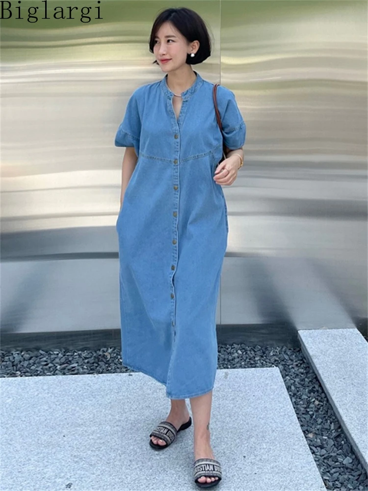 

Женское джинсовое платье-рубашка, повседневное Свободное длинное платье-кардиган из денима в Корейском стиле, синее хлопковое офисное плат...
