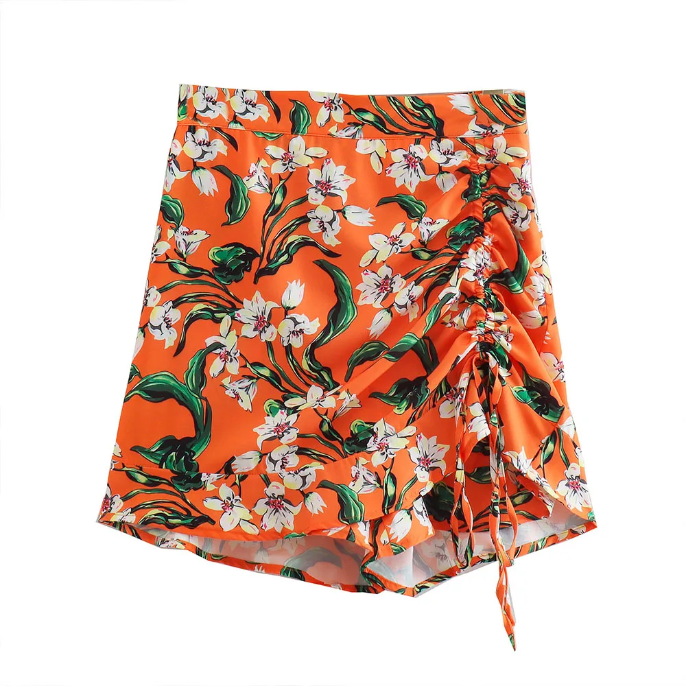 

Women 2022 New Fashion Casual Flower Print Culottes Vintage Bow Smocked High Waist Side Zipper Female Shorts Chic Mujer