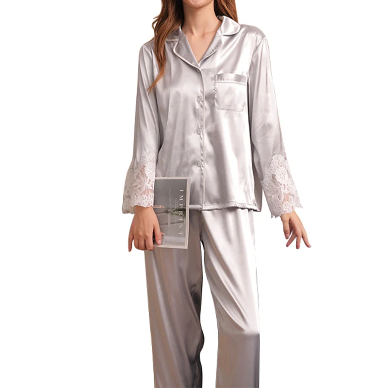 

Pajamas Women Satin Long Sleeve Sleepwear Button Down Top with Pocket Soft Trousers Nightwear Loungewear PJ Set for All Seasons