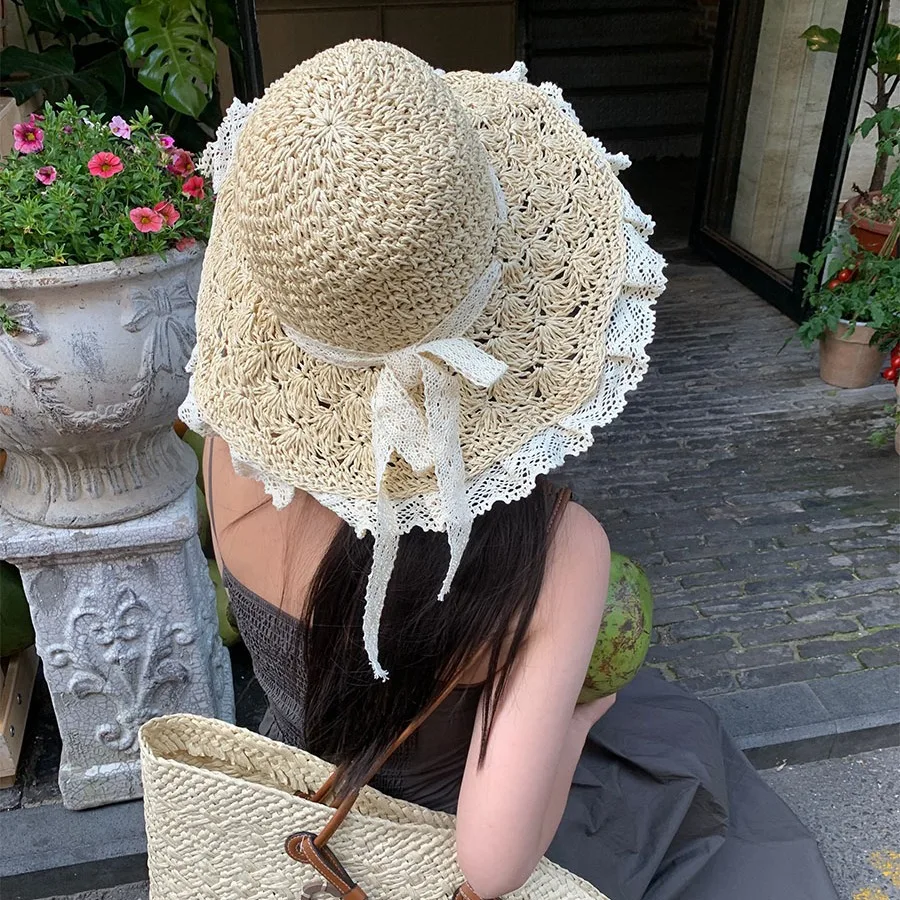 

Elegant Straw Bucket Hat For Women Fashion Hollow Out Lace Up Big Brim Solid Sun Hats 2023 Summer Female Casual Outdoors Wear