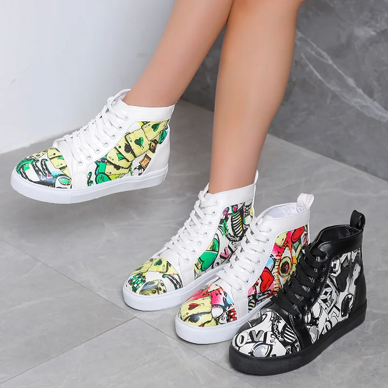 2022 Women High Top Casual Single Shoes Colour Printing Plus Size Women Shoes 43 Woman Vulcanize Shoes Zapatos De Mujer Lace