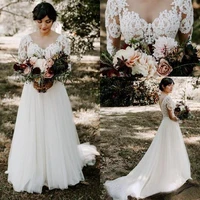 modest country weddng dresses a line v neck long sleeve sweep train bridal gowns with lace tulle backless wedding gowns