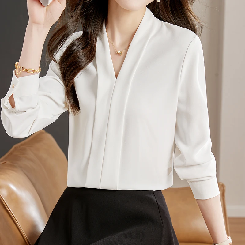 Модная женская блузка с длинным рукавом белая шифоновая v-образным вырезом