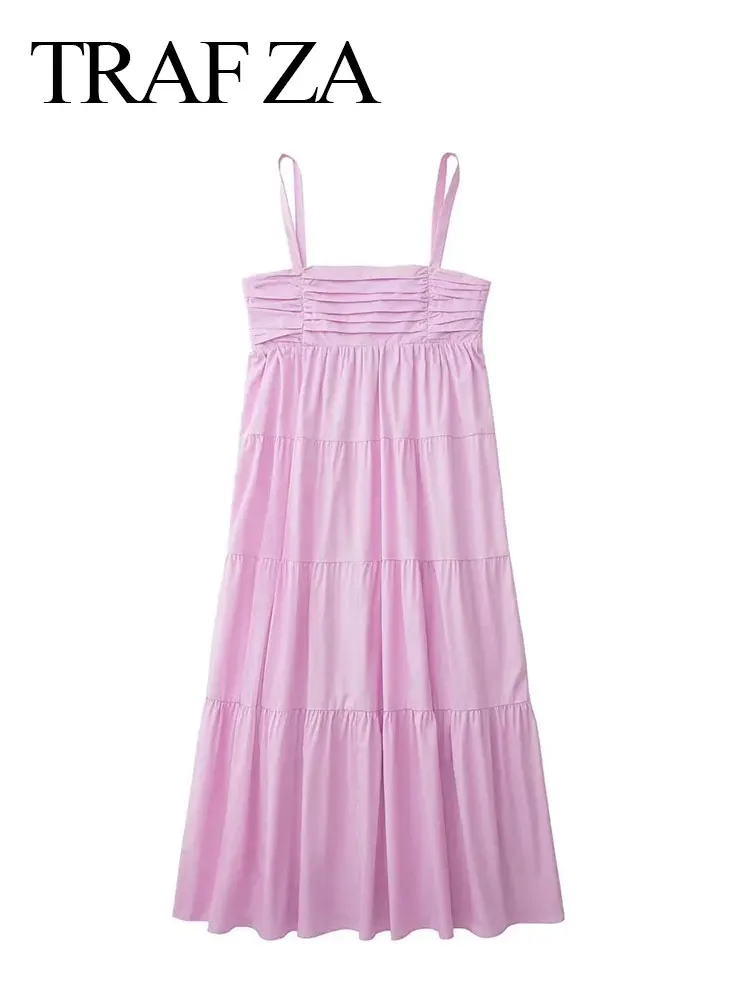 

TRAF ZA Ladies Sling Dress Summer Solid Color Pleated Midi Dress Open Back Slim Sexy Fashion Elegant Casual Daily Top Clothing