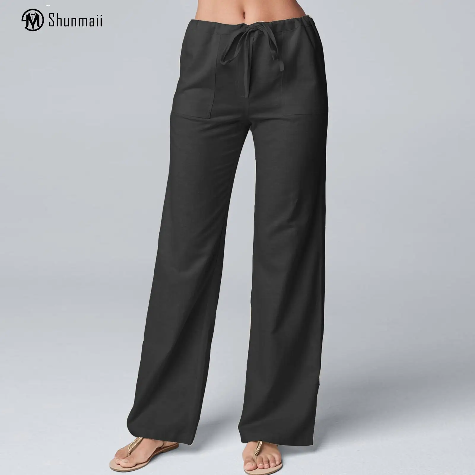 

Women Casual Trousers Solid Color Lace Up Pant High Waist Elastic Waist Soft Full Length Ladies Loose Daily Wear