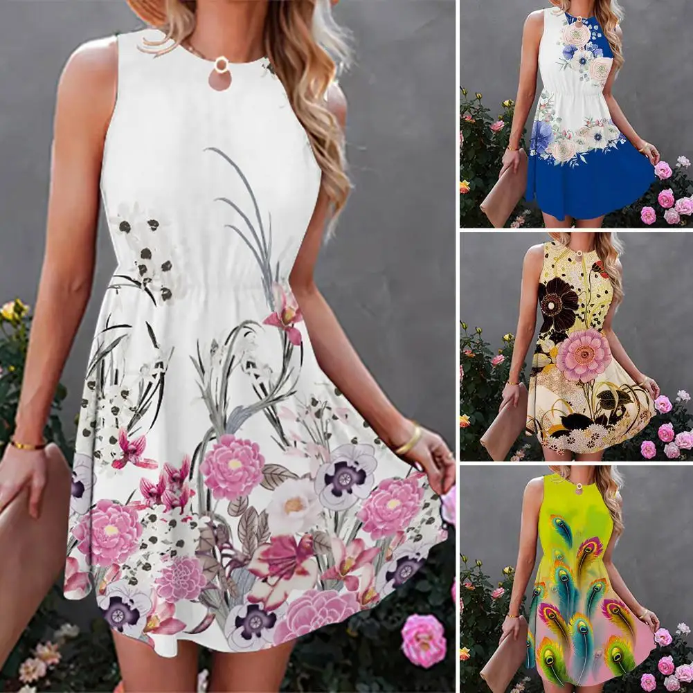 

Летнее платье с круглым вырезом, элегантное платье с принтом перьев, простое мини-платье