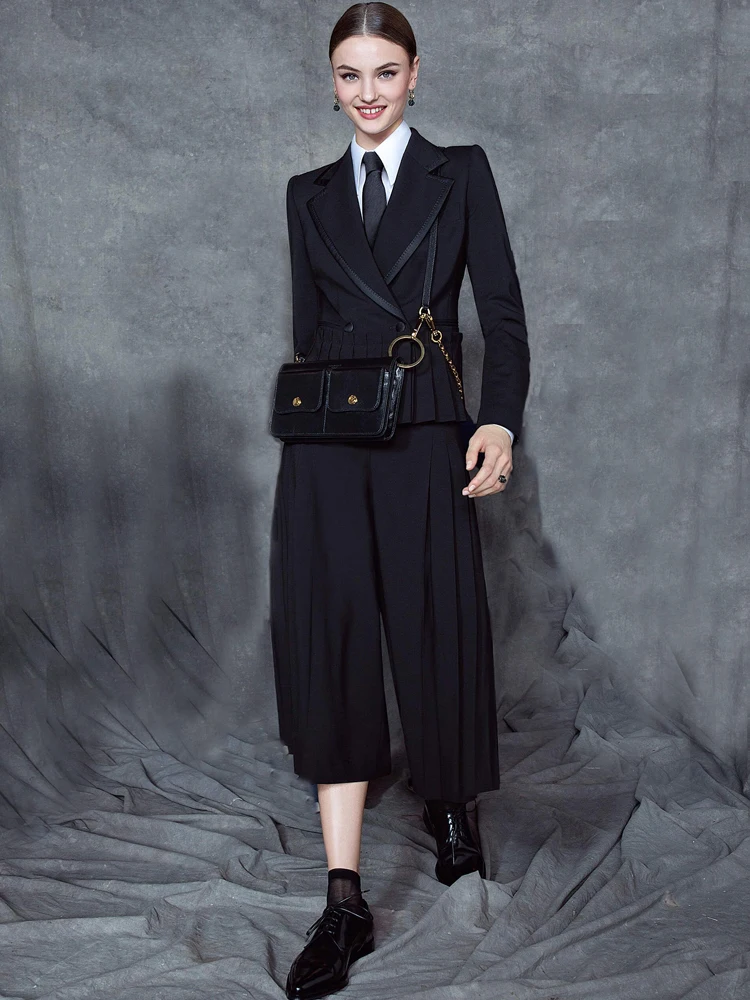 

Designer Fashion New Autumn Women's Set Pleated Coat Tops Casual Pants Vintage Elegant Office Party Celebrity High Quality Suit