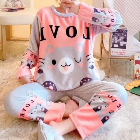 Autumn Winter Flannel Pajamas for Women Students Cute Plus Velvet Thickening Warm Sleepwear Cartoon Coral Velvet Home Clothes