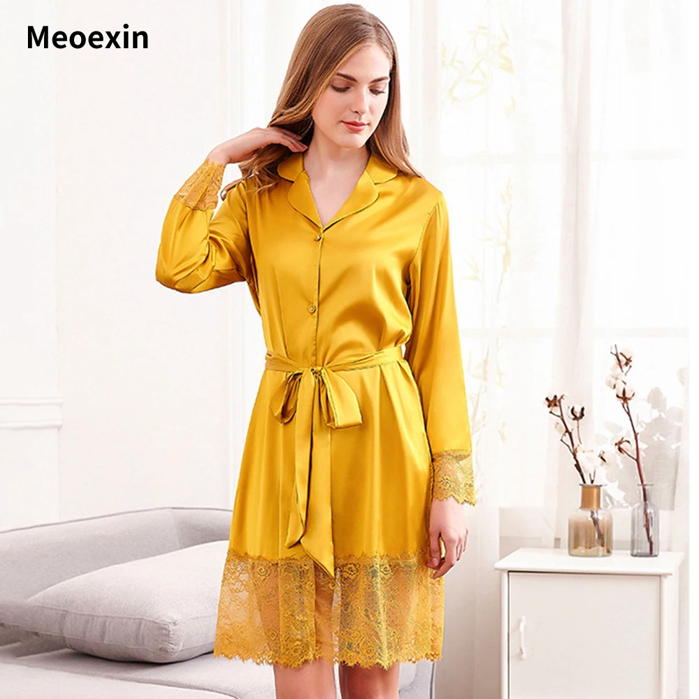

Meoexin Ice Splice Lace Temptation Women's Nightgown Long Sleeve Medium Length Home Bathrobe Solid Color Simple Pajama Wholesale
