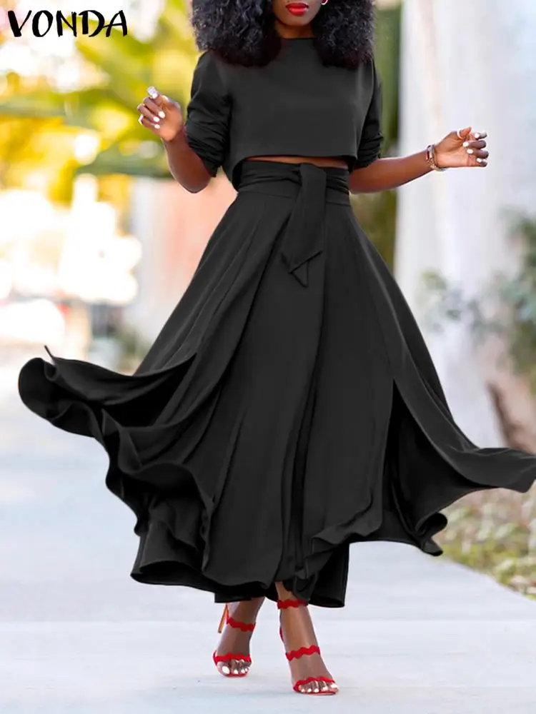 

VONDA 2022 Women High Waist Pleated Solid Skirt Sets Long Sleeve Crew Neck Blouse Crop Tops And A-line Long Skirt Suits Oversize