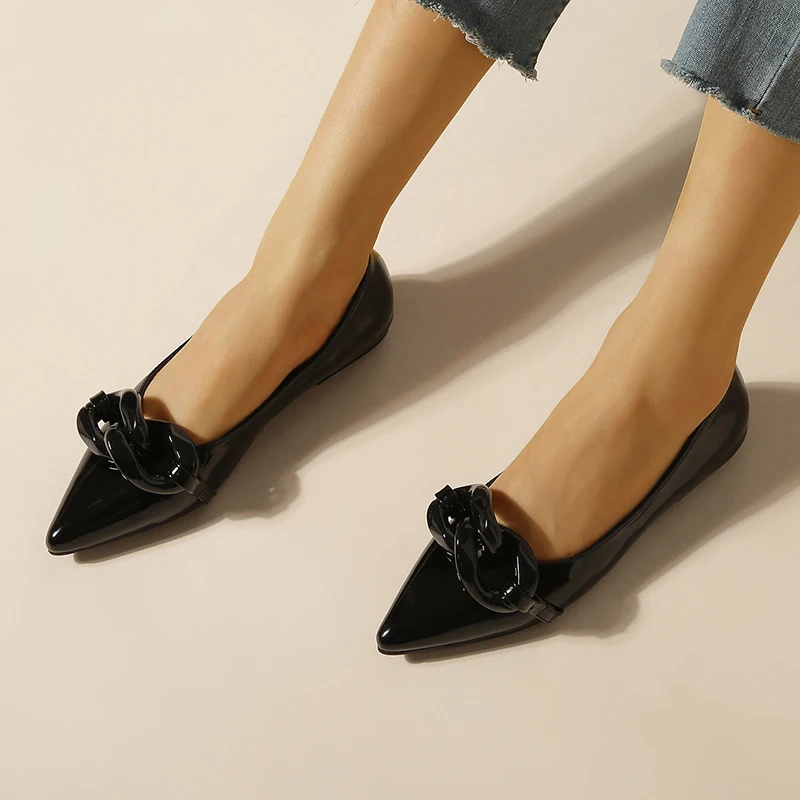 ZOOKERLIN Pointed Toe Patent Leather Women's Shoes Flats Shoes Fashion Chain Pumps Dress Shoes Slip On Simple Solid Color Ladies