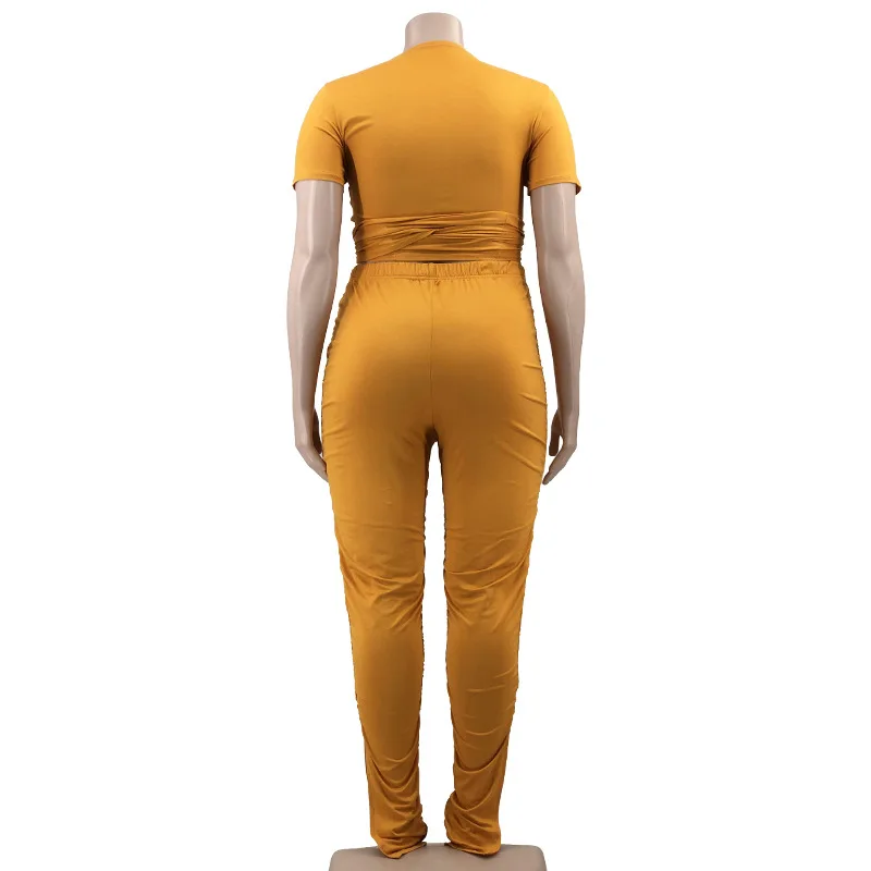 Plus Size Solid Lady Two Piece Set V Neck Short Sleeve Lace Up Top Pencil Pants Elegant Women Suit Streetwear Office Lady Outfit