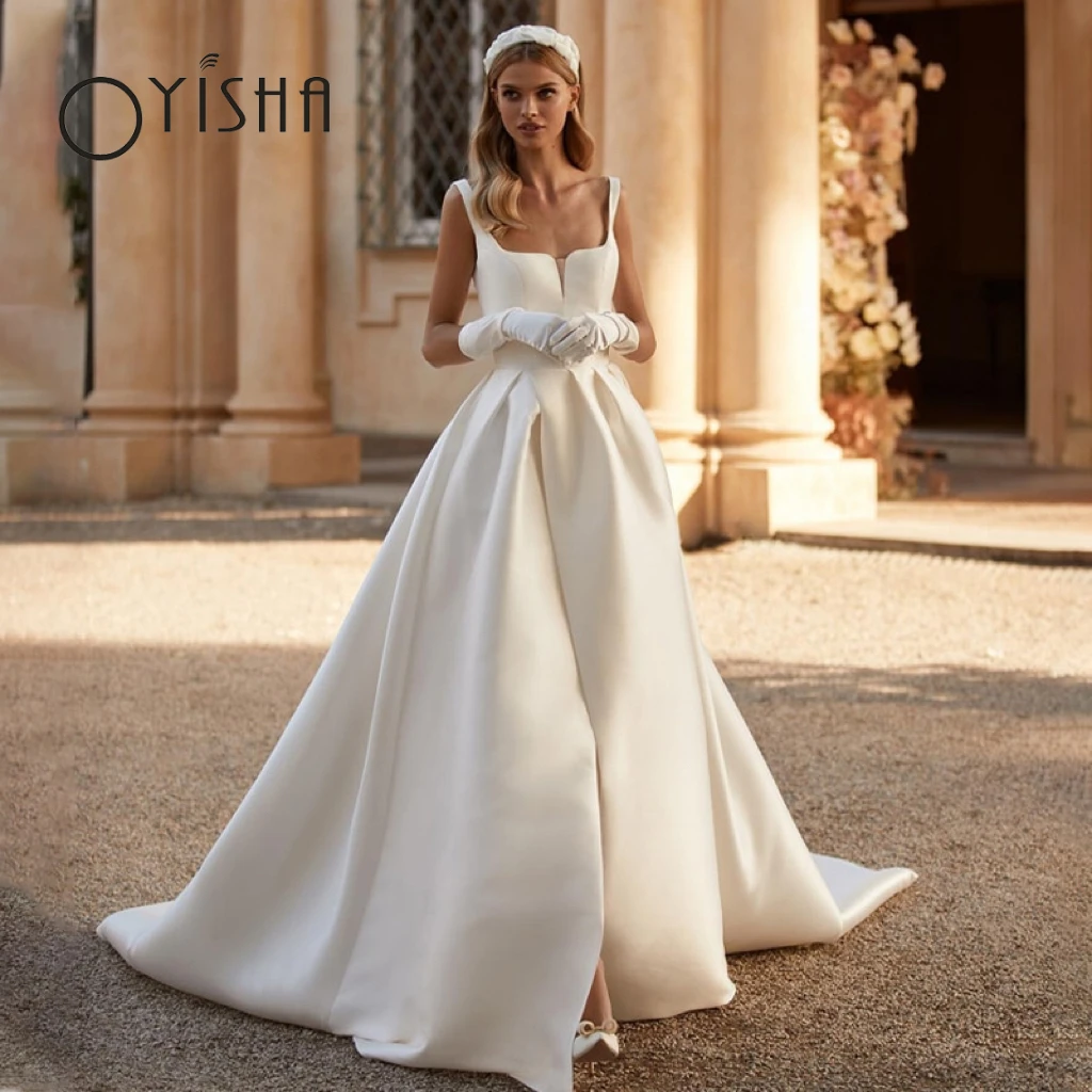 

OYISHA A-Line Sleeveless Elegant Wedding Dress 2023 Robe De Mariee Spaghetti Straps Square Neck Satin Bridal Gown High Slit