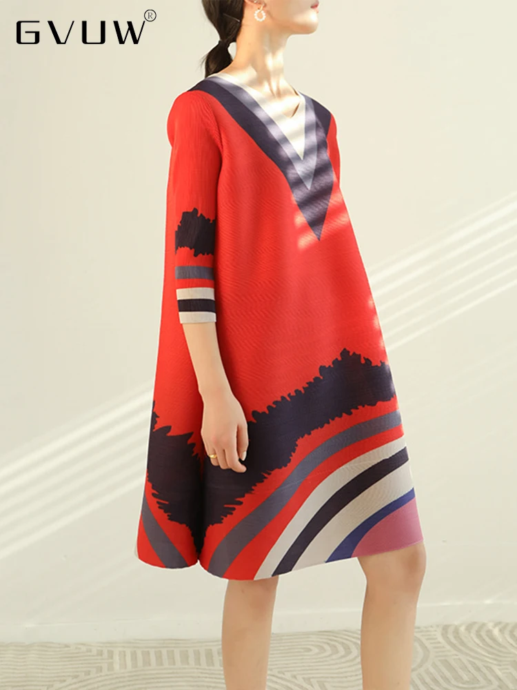 

GVUW Color Block V Neck Pleated Dress 2022 Spring Summer Printing Loose Stitching Dresses Ladies Elegant Clothing 25D1030