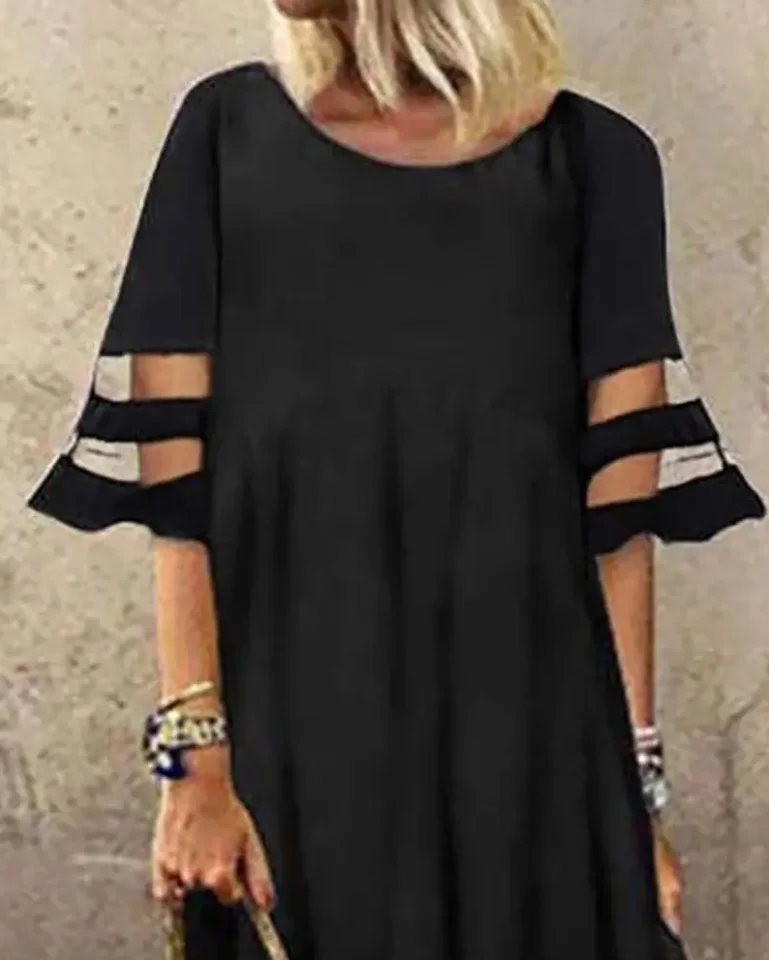 

2022 Summer Woman Casual O-neck Plain Sheer Mesh Patch Flutter Sleeve Maxi Short Sleeve Dress
