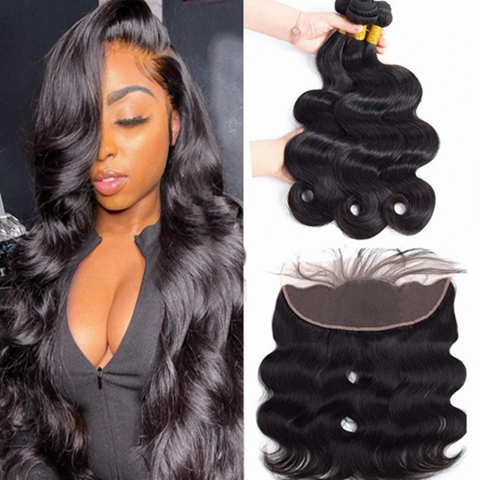 Miss Black Body Wave Bundles With Frontal Brazilian Remy Human Hair 13x4 Swiss Lace Frontal Water Wave Weave for Black Women