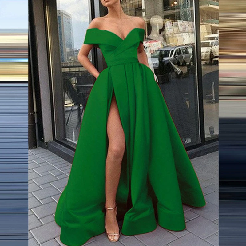 

Sexy Deep V Neck Ball Gown Formal Evening Dresses 2021 New Summer Women Boat Neck Off The Shoulder Slit Prom Robe Party Vestido
