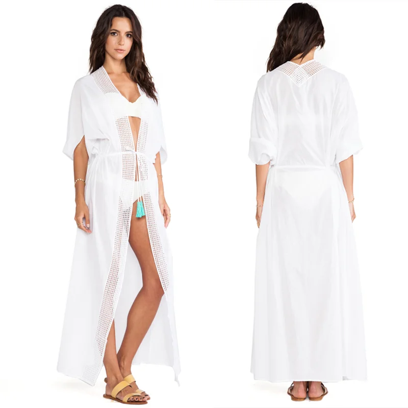2022 Bikini Cover-ups White Cotton Tunic Women Plus Size Beach Wear Elegant Long Kimono Cardigan Sarongs Swimsuit Cover Up Q1075 | Женская