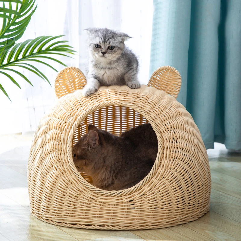 Cheap Pet house rattan cat nest verão semi fechado cama de dormir interior esteira respirável durável filhote de cachorro cesta para pequenos gatos cães médios