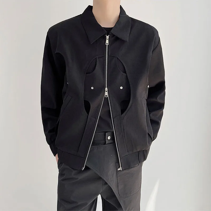Men Hollow Splice Lapel Loose Casual Korean Net Celebrity Streetwear Fashion Short Jacket Male Stage Clothing Coat Outerwear