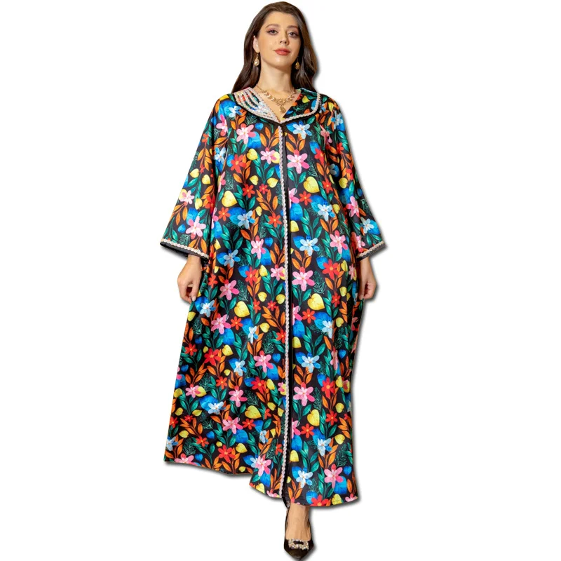 Luxury Diamonds Women Middle East Evening Dress Printing Lapel Neck Full Sleeves Elegant Muslim Arab Robe Abaya
