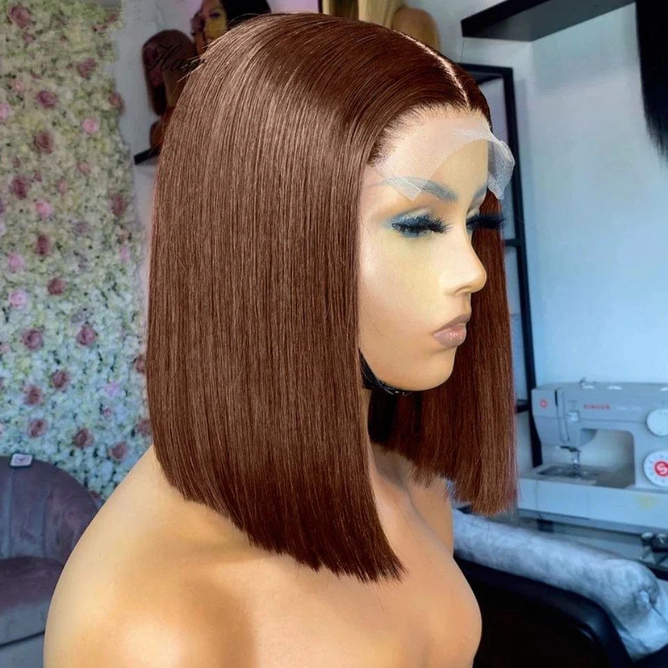 

200 Плотность средняя часть шоколадно-коричневые прямые 100% человеческие волосы парики без клея 4x4 кружевные женские