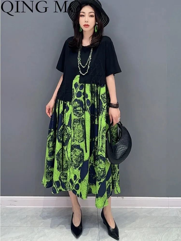 

QING MO 2023 Summer New Korean Style Color Block Women Dress Half Sleeve Show Slim Reduced Age Female Dress Green White ZXF2548