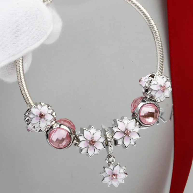

Cute White Enamel Magnolia Charms Bracelet Women Flower Pendant Pink Transparent Glass Beads for Jewelry Making Girl Bangle Gift