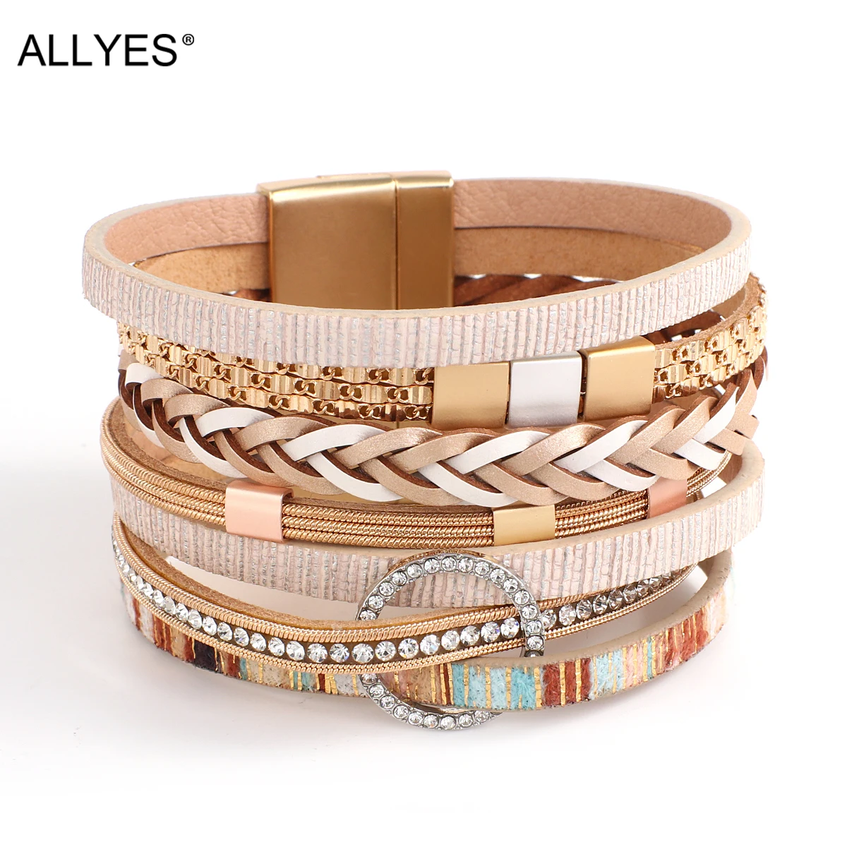 

ALLYES Rhinestone Round Circles Charm Leather Bracelets for Women Fashion Braided Wrap Bracelet Bangle Unisex Jewelry Gifts