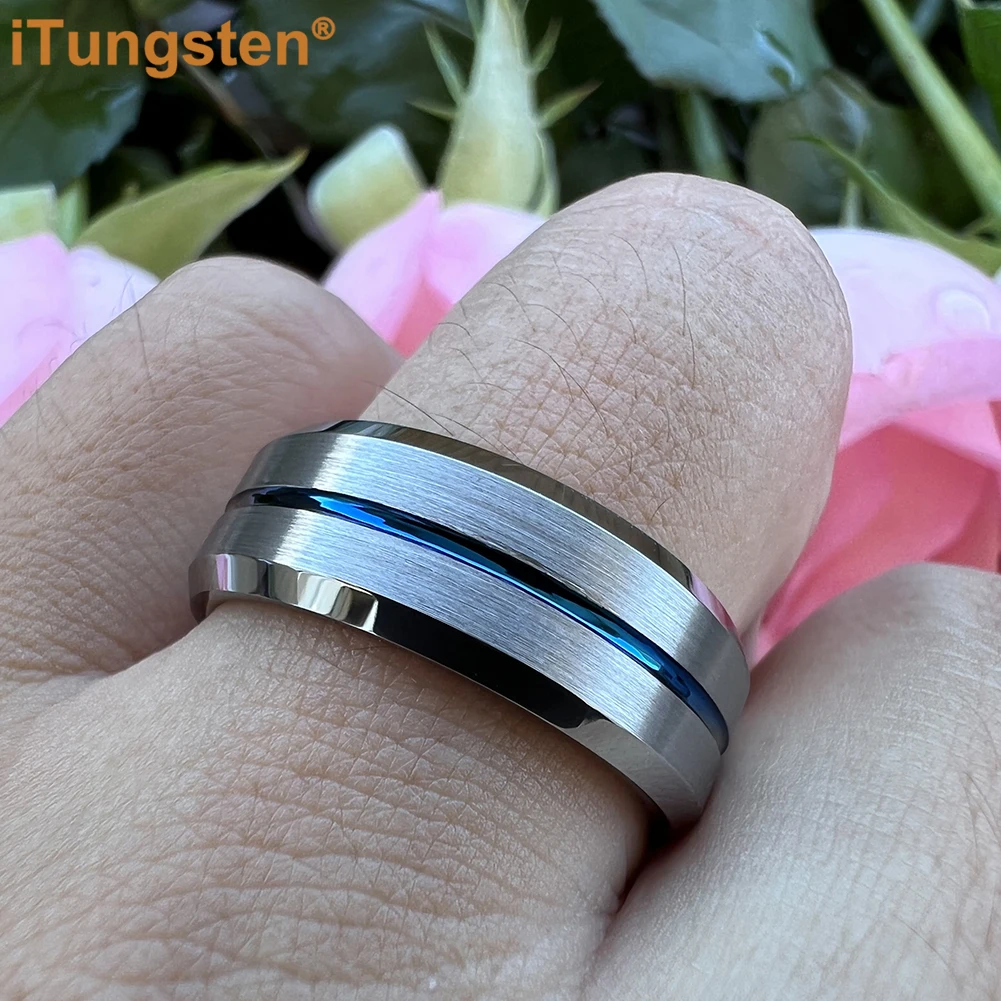 iTungsten 8mm Shiny Forever Ring Tungsten Wedding Band For Men Women Beveled Grooved Polished Finish Comfort Fit