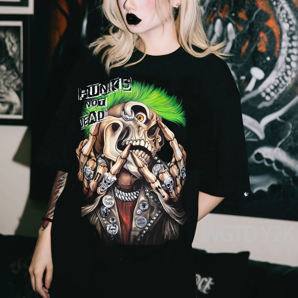 

Hip Hop Punk Grunge Streetwear Gothic Short Sleece Top T-shirt Harajuku Clothes Fashion Skeleton Metal Graphic T Shirts