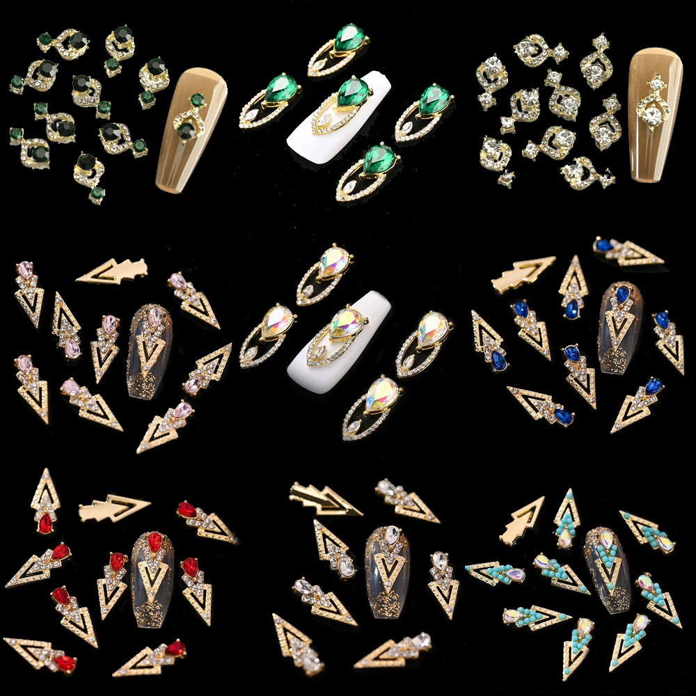 

5/10 Pcs Hollow Aolly Nail Charms with Crystals Geometry Earrings-Styles Nail Art Decorations Metal Hollo-out Nail Rhinestones