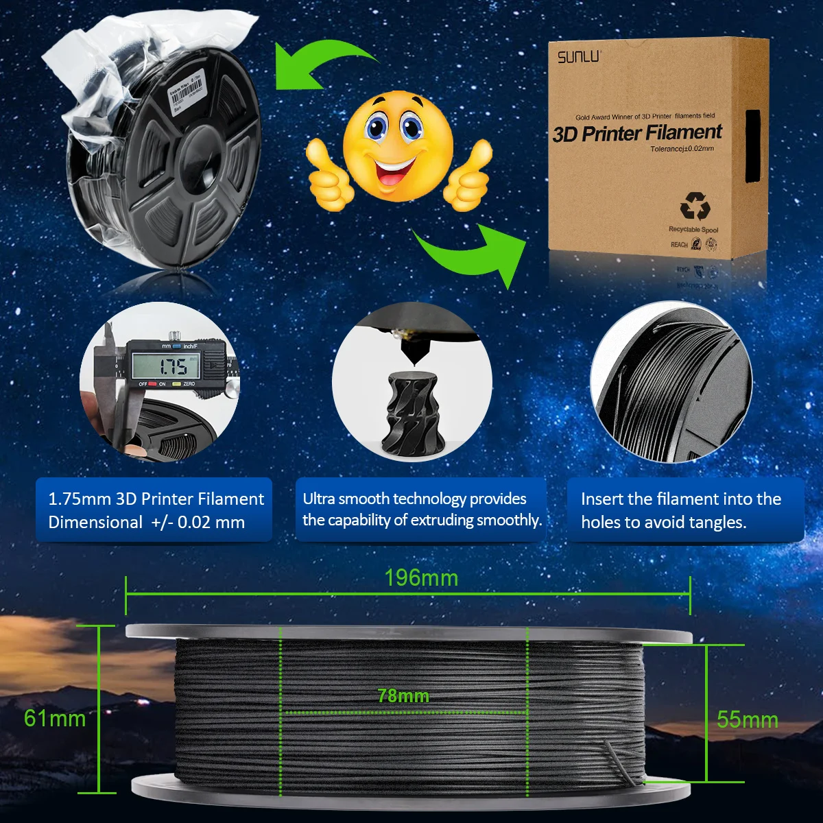 Нить для 3D-принтера SUNLU PLA из углеродного волокна ультра-высокая твердость