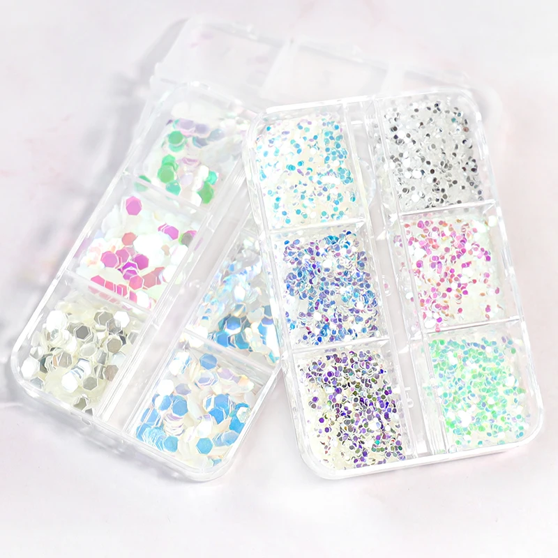 

6 ячеек, голографические цветные блестящие осколки для ногтей AB, объемные хлопья разных размеров, 3d-пайетки для маникюра и творчества, украш...