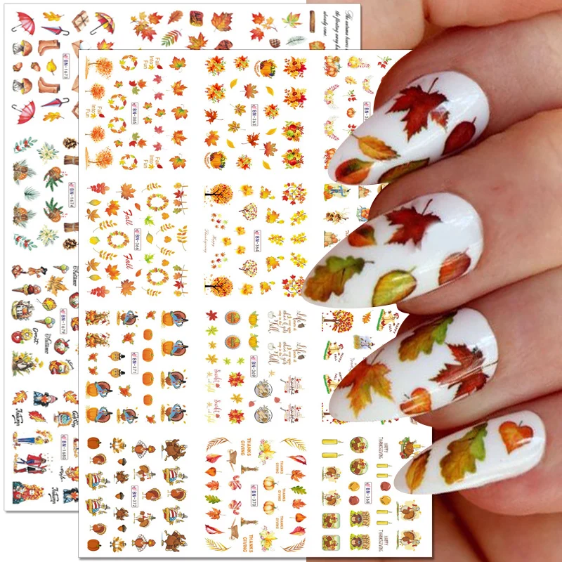 

12pcs Fall Gold Leaves Nail Stickers Maple Leaf Pumpkin Line Nail Decals Water Transfer Foils Sliders Decorations for Manicure