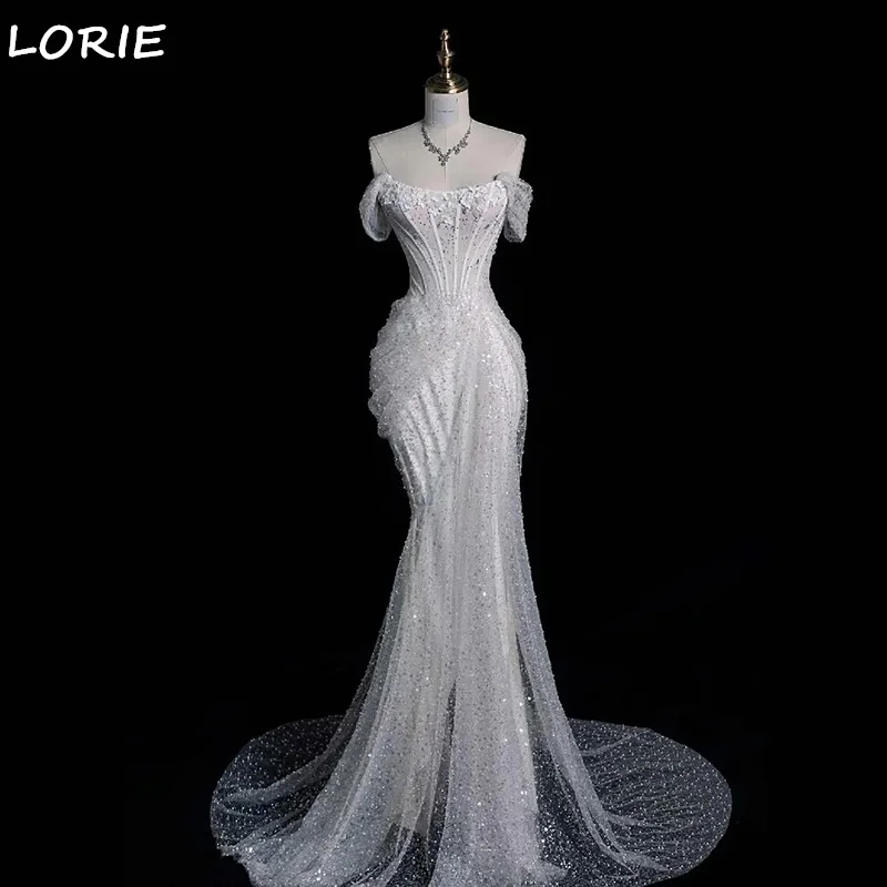 Фото LORIE Gittle Блестящие свадебные платья с открытыми плечами и кружевной аппликацией فساتين equilibrium сексуальное платье русалки без рукавов Vestidos de novia2025Customized №1