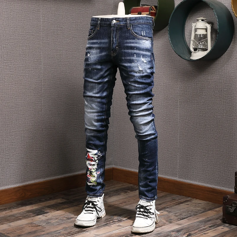 Street Fashion Men Jeans High Quality Retro Blue Elastic Slim Fit Painted Ripped Jeans Men Printed Designer Hip Hop Brand Pants