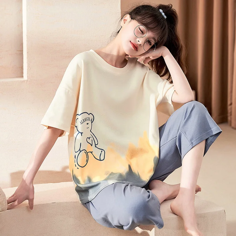 Pajamas Women's Cotton Summer Short-sleeved Cropped Pants Comfortable and Cute Casual Home Suit with Round Neck Soft Loungewear