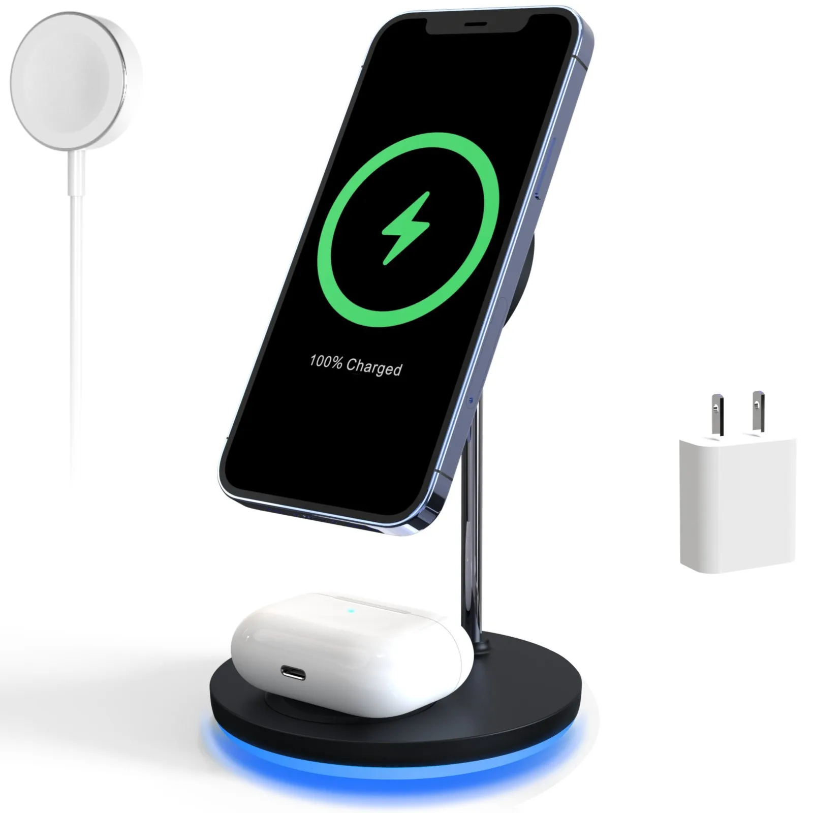 

3 in 1 Inductive Qi Wireless Charger Fast Charging Stand for iPhone 13 12 series for Apple Watch 1-7and SE Airpods 2 3 Pro