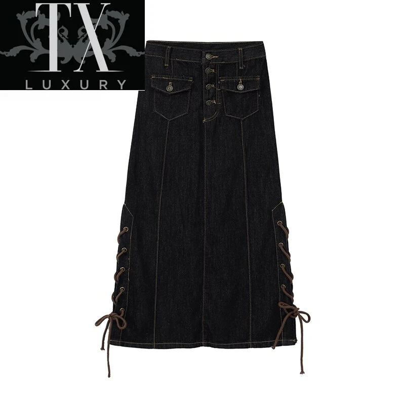 

Black Single Breasted Long Denim Women Autumn Korean Casual High Waist Pockets Vintage Lady Solid A-line Jeans Skirt