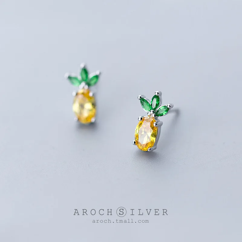 

s925Silver Stud Earrings for Women Korean Style Fresh Diamond-Embedded Pineapple Stud Earrings Cute Fruit Sweet Earrings