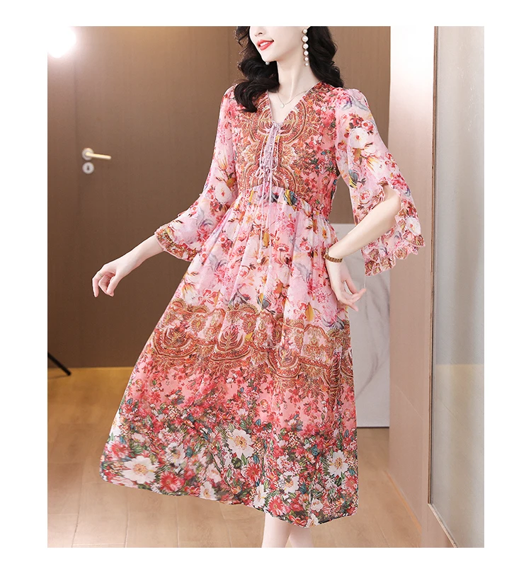 2023 Spring Summer New Women's Bohemian Pink French Floral Knee Length Dress Flare Sleeves Silk Printed Dress