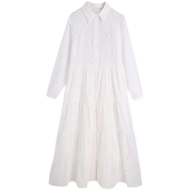 

SuperAen New 2022 Long Hollow Out Embroidery Turn Down Collar Full Loose A Line Casual Dresses for Women
