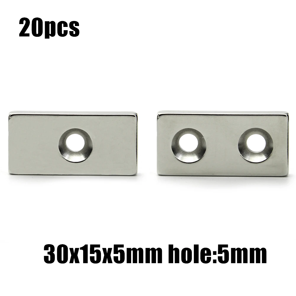 

Неодимовый магнит NdFeB N35 30x15x5 мм, 20 шт., отверстие: 5 мм, блок с двумя отверстиями, супермощный постоянный магнит N35 30x15x5 мм