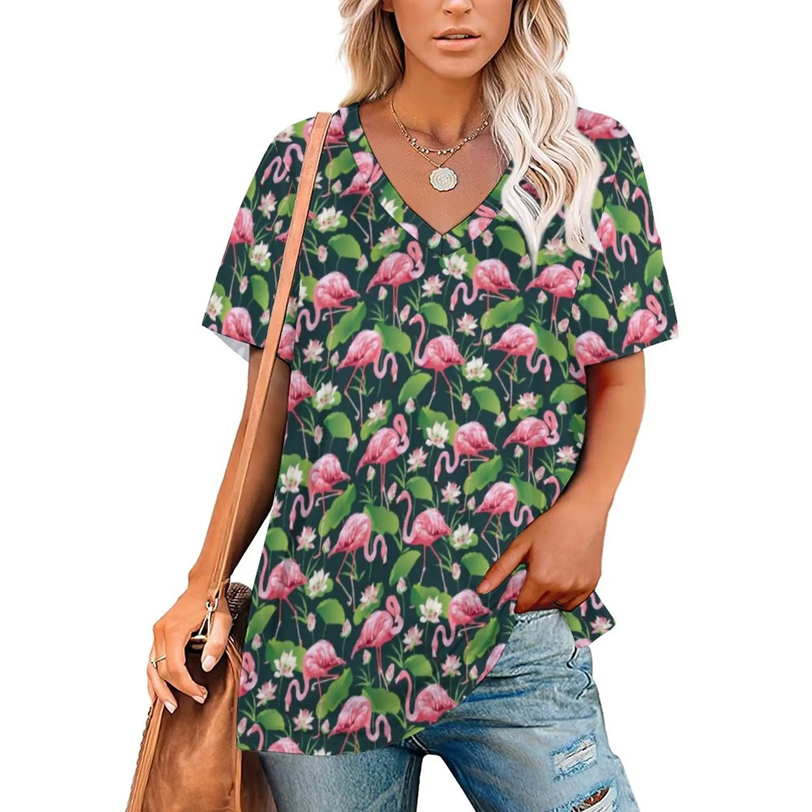 

Tropical Flamingo Birds T-Shirt White Lily Flowers Harajuku V Neck T-Shirts Short-Sleeve Simple Tee Shirt Summer Custom Tees