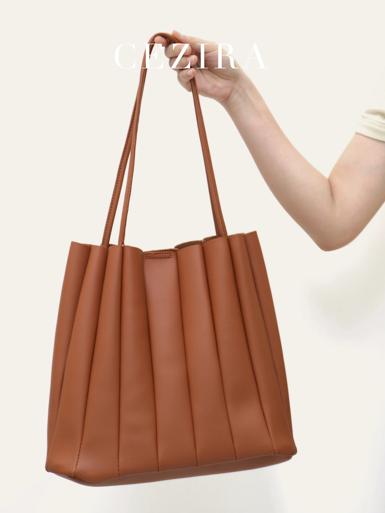 CEZIRA Brand Women PU Vegan Leather Tote with Inner Purse Stripes Patchwork Shoulder Bags Leisure Large Capacity Bucket Handbags