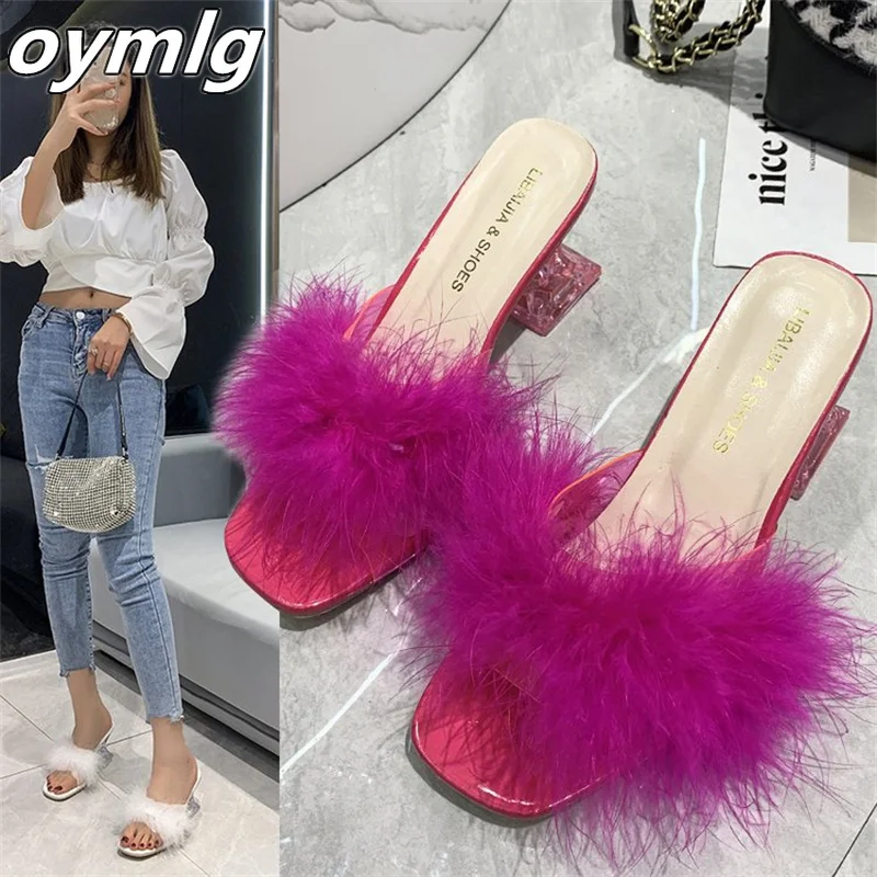 Босоножки женские плюшевые, модные сандалии с квадратным носком, босоножки и тапочки «одно слово», большие размеры, лето 2022