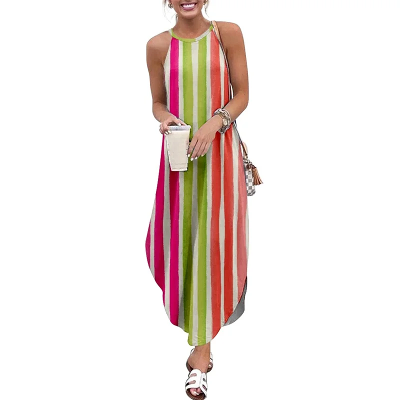 

Spring Summer Women Strap Printed Sexy Beach Long Maxi Dress Sleeveless Vintage Clothing Holiday